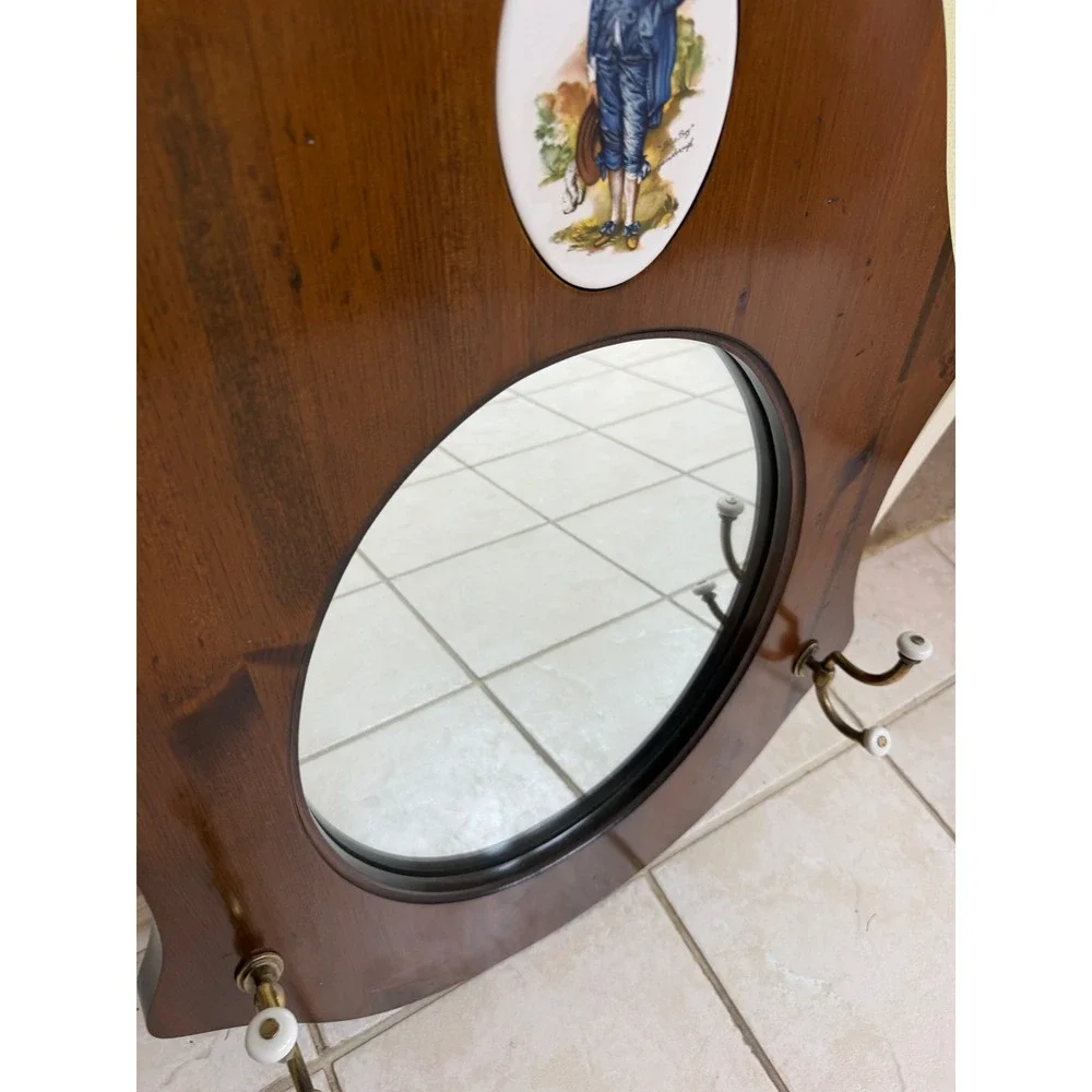 Vintage Wood Wall Mirror with The Blue Boy Ceramic Cameo and Brass Coat Hooks